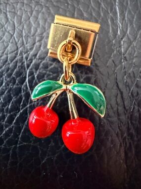 Italian Charm Link – Dangling Red Cherries with Green Leaves, Gold-Tone